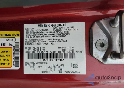 2015 Ford Mustang from USA, damaged, VIN 1FA6P8TH3F5352447